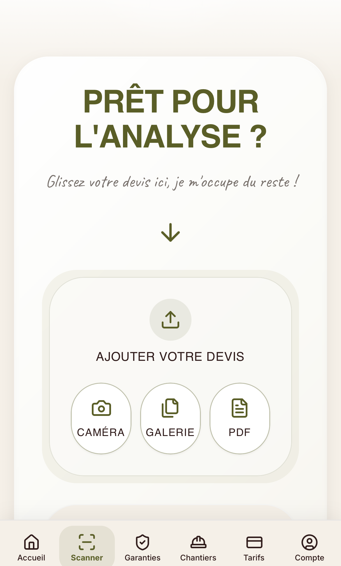 Écran d'import du devis dans l'application DeviScan