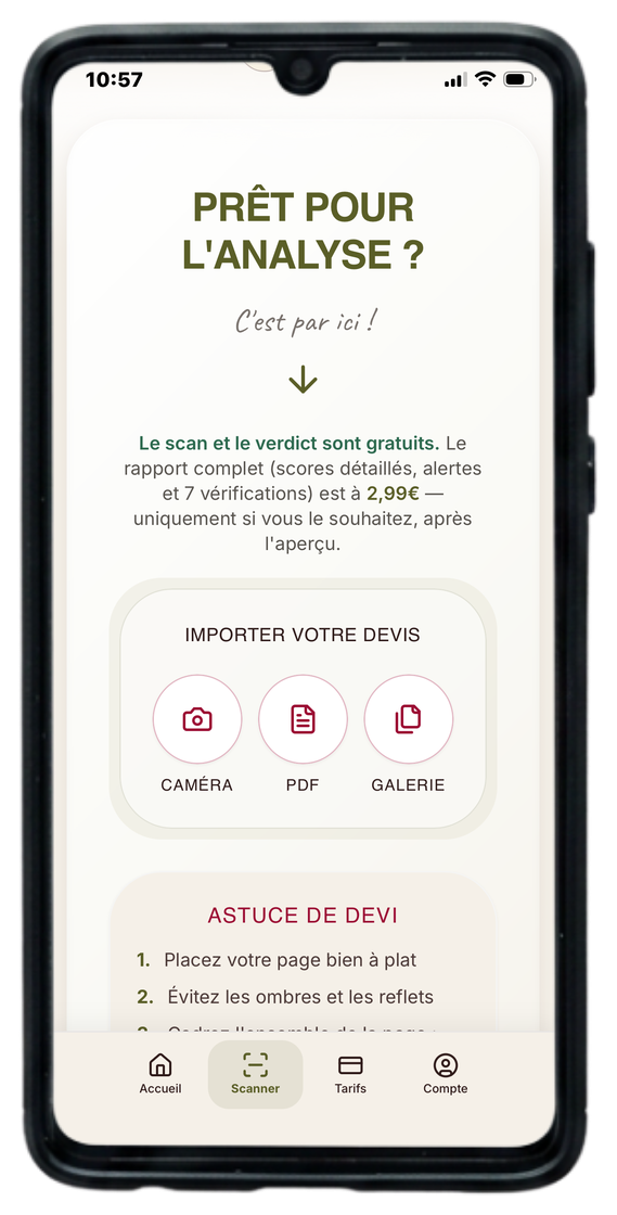 Écran d'import du devis dans l'application DeviScan
