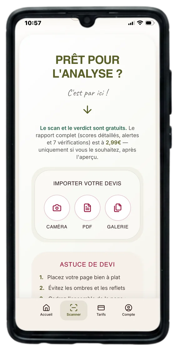 Écran d'import du devis dans l'application DeviScan
